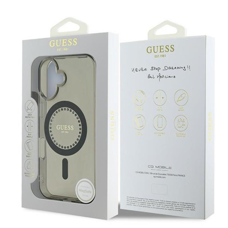 Guess IML Rhinestones MagSafe – Dėklas iPhone 16 (juodas)