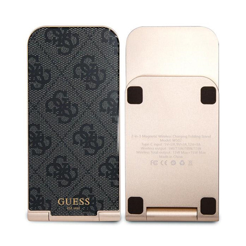 Guess 4G Pattern MagSafe – sulankstomas 2-in-1 indukcinis įkroviklis su „MagSafe“, skirtas „iPhone“ ir „AirPods“, 15W (juodas)