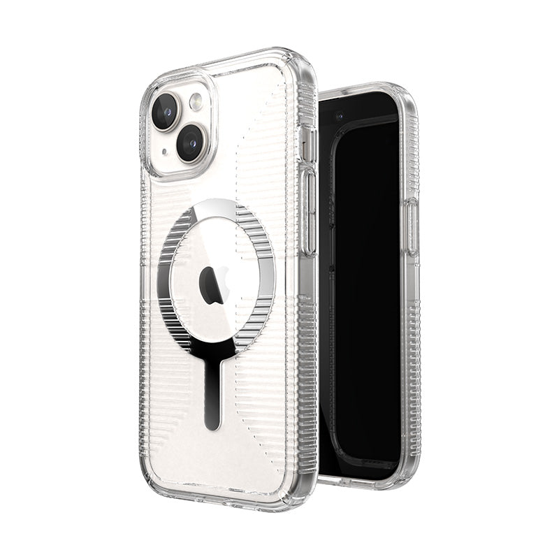 Speck Gemshell Grip + MagSafe – dėklas iPhone 16e / iPhone 15 / iPhone 14 / iPhone 13 (skaidrus / chromuota apdaila)