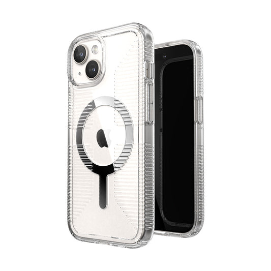 Speck Gemshell Grip + MagSafe – dėklas iPhone 16e / iPhone 15 / iPhone 14 / iPhone 13 (skaidrus / chromuota apdaila)