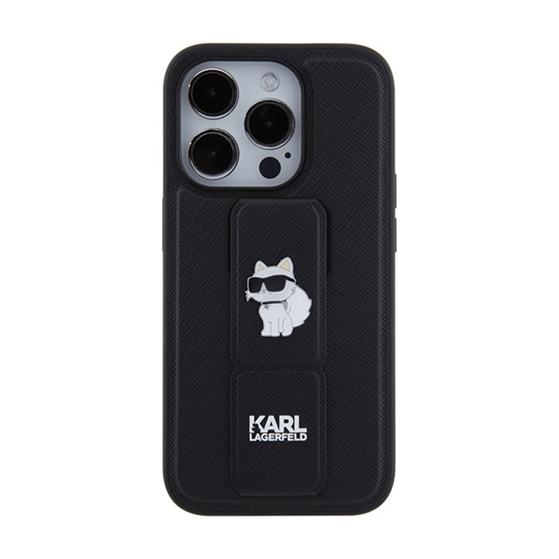Karl Lagerfeld Gripstand Saffiano Choupette Pins – iPhone 15 Pro dėklas (juodas)