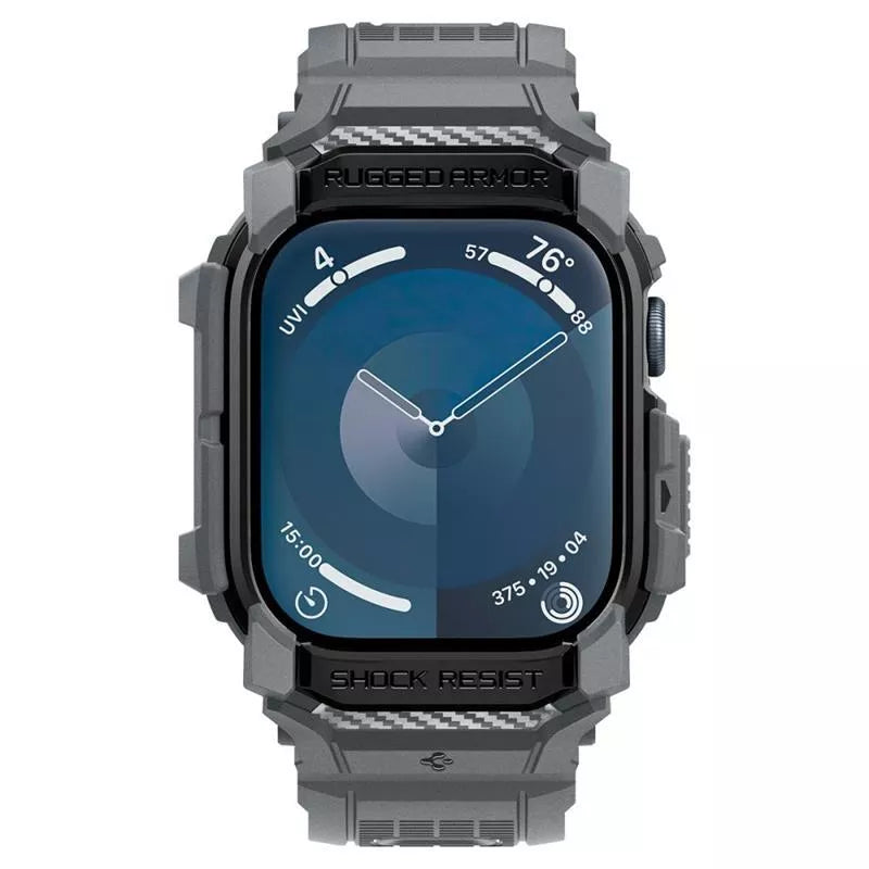 Spigen Rugged Armor Pro – dirželis su dėklu, skirtas „Apple Watch 10“ 46 mm (tamsiai pilka)