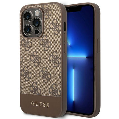 Guess 4G Bottom Stripe Metal Logo Collection – Dėklas, skirtas iPhone 14 Pro (rudas)