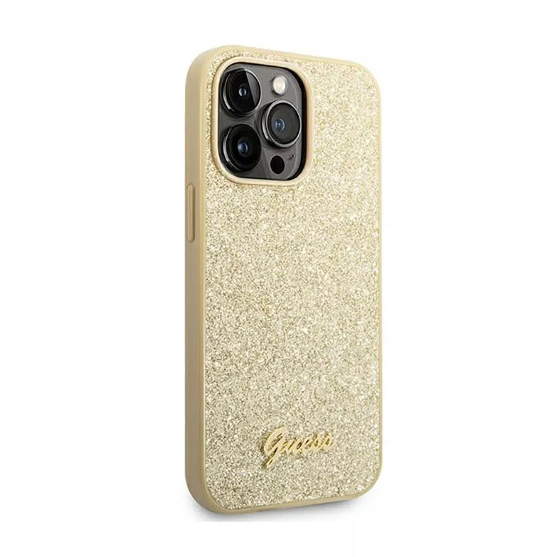 Guess Glitter Flakes Metal Logo dėklas – dėklas skirtas iPhone 14 Pro Max (aukso spalvos)