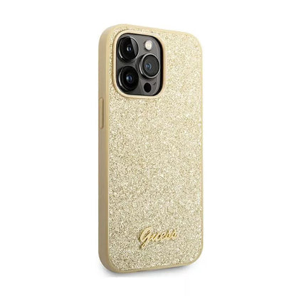 Guess Glitter Flakes Metal Logo dėklas – dėklas skirtas iPhone 14 Pro Max (aukso spalvos)