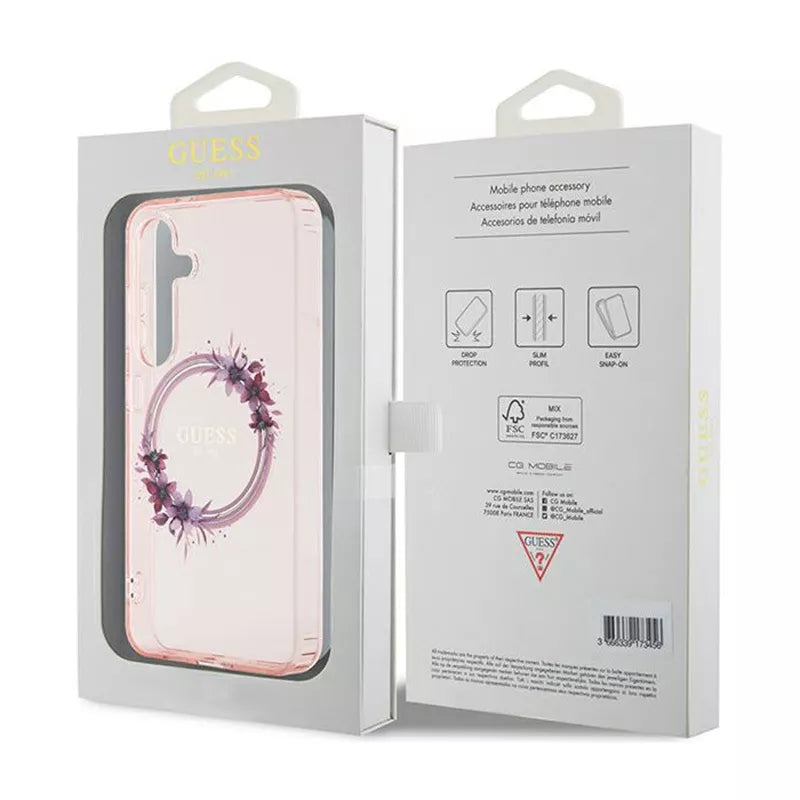 Guess IML Gėlių vainikas MagSafe dėklas Samsung Galaxy S24 (Rožinis)