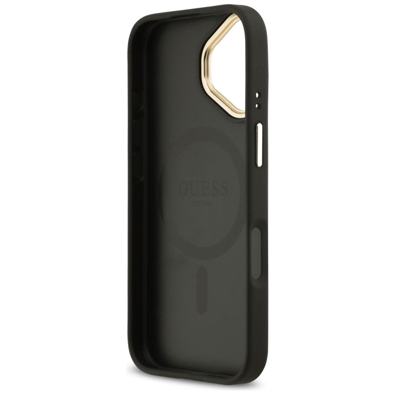 Guess Grūdėtas Strasų Logotipo MagSafe Dėklas iPhone 17 (juodas)