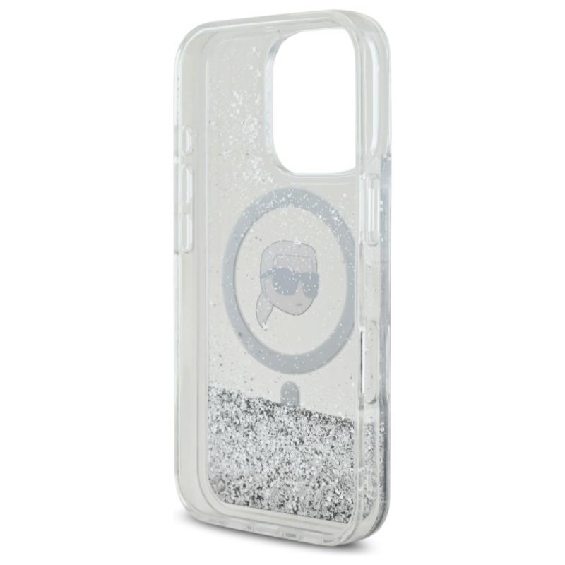 Karl Lagerfeld Liquid Glitter Karl Head MagSafe – dėklas, skirtas iPhone 16 Pro (skaidrus)