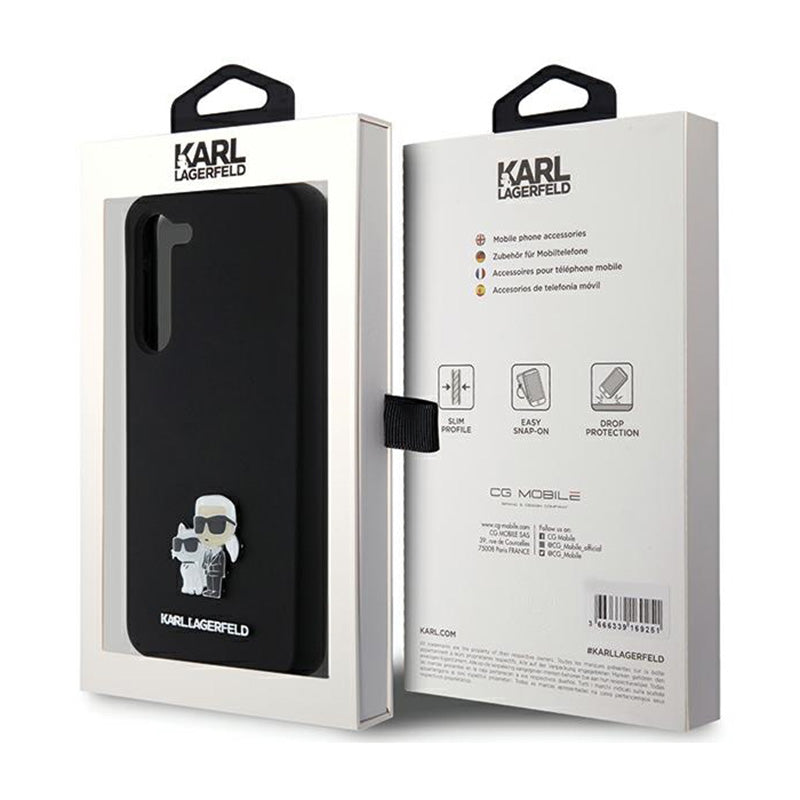 Karl Lagerfeld Silicone Karl & Choupette Metal Pin - dėklas „Samsung Galaxy S24+“ (juodas)