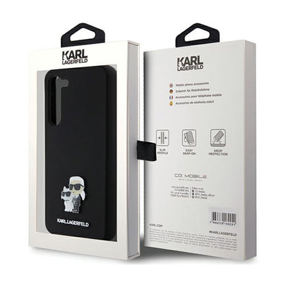 Karl Lagerfeld Silicone Karl & Choupette Metal Pin - dėklas „Samsung Galaxy S24+“ (juodas)
