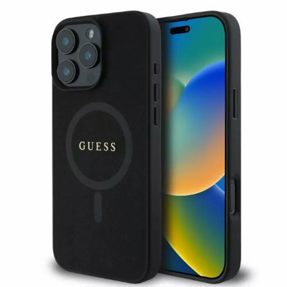 Guess Saffiano Classic Logo MagSafe – dėklas iPhone 16 Pro (juodas)