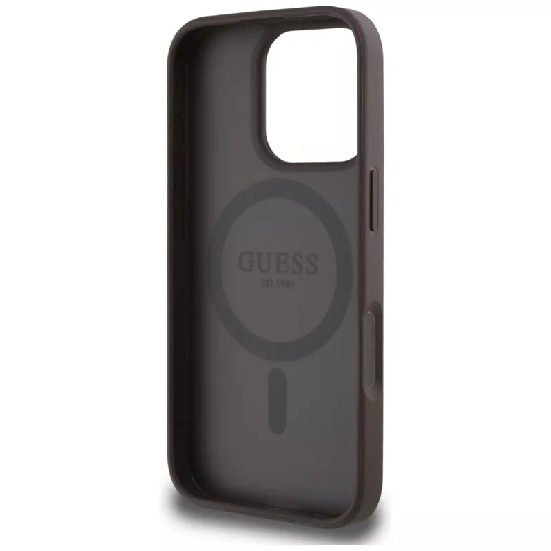 Guess Grained Hot Stamp Peony Triangle Logo MagSafe – dėklas, skirtas iPhone 16 Pro (rudas)