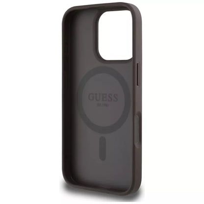Guess Grained Hot Stamp Peony Triangle Logo MagSafe – dėklas, skirtas iPhone 16 Pro (rudas)