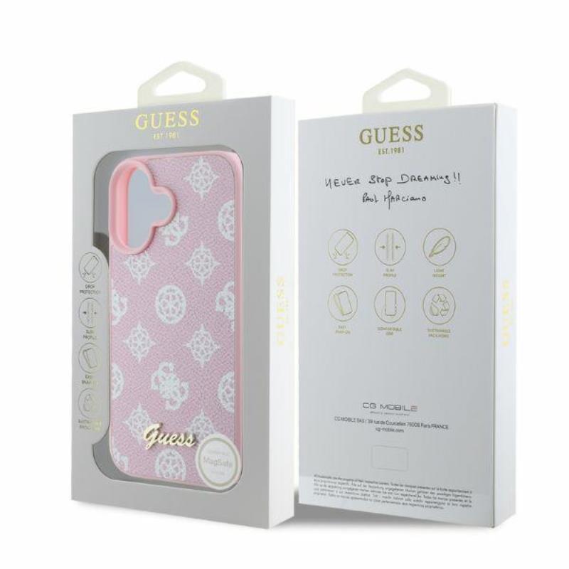 Guess Peony Script MagSafe – dėklas iPhone 16 (rožinis)