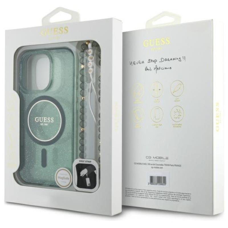 Guess IML blizgučiai su perlo dirželiu MagSafe – dėklas iPhone 16 Pro Max (žalia)