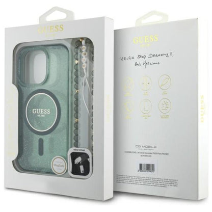 Guess IML blizgučiai su perlo dirželiu MagSafe – dėklas iPhone 16 Pro Max (žalia)