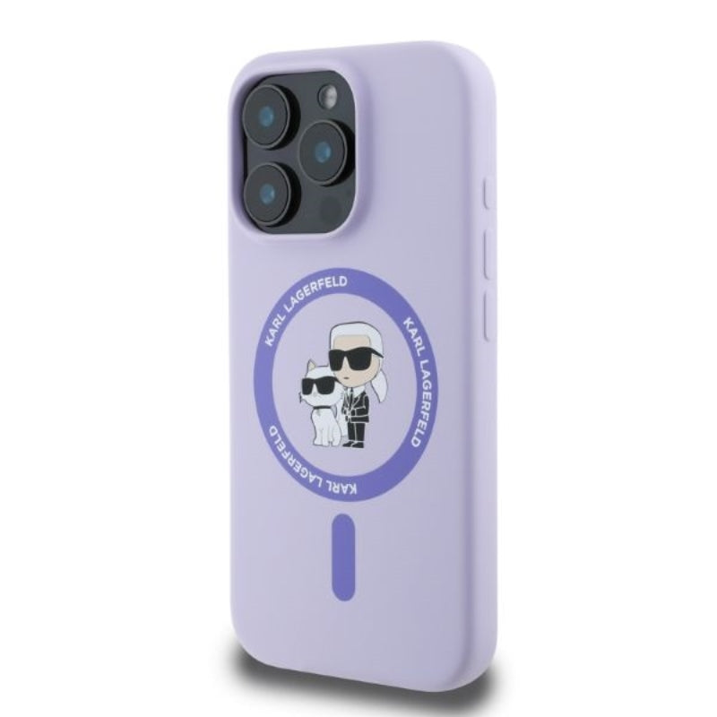 Karl Lagerfeld Silikoninis MagSafe dėklas su Karl & Choupette žiedu - iPhone 16 Pro Max (violetinis)