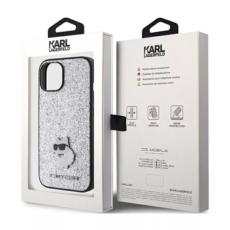 Karl Lagerfeld Fixed Glitter Choupette Logo Metal Pin – dėklas iPhone 15 / 14 / 13 (sidabrinis)