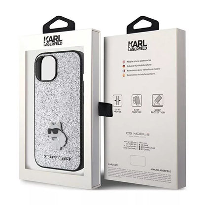 Karl Lagerfeld Fixed Glitter Choupette Logo Metal Pin – dėklas iPhone 15 / 14 / 13 (sidabrinis)