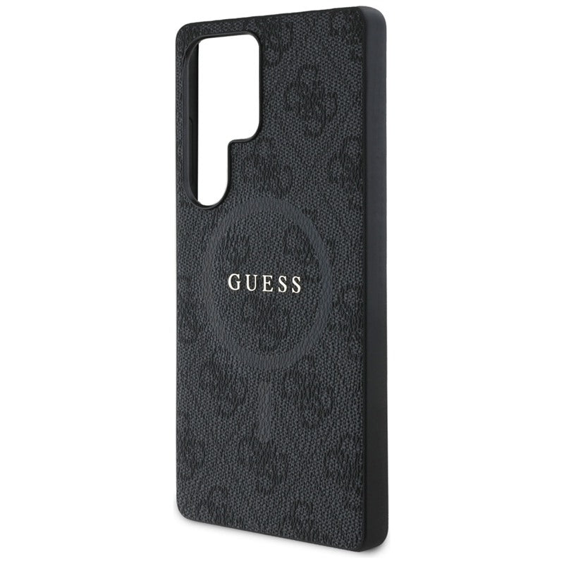 Guess Leather 4G spalvotas žiedas su klasikiniu logotipu MagSafe - dėklas, skirtas Samsung Galaxy S25 Ultra (juodas)