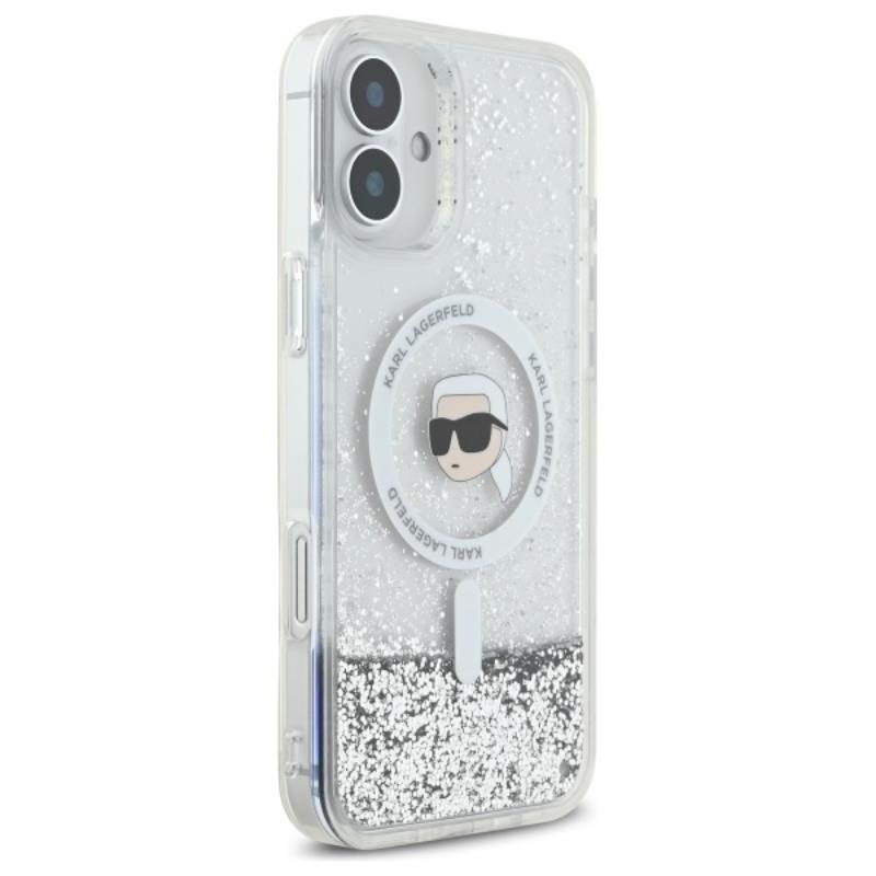 Karl Lagerfeld Liquid Glitter Karl Head MagSafe – dėklas iPhone 16 (skaidrus)