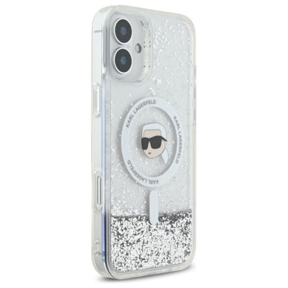 Karl Lagerfeld Liquid Glitter Karl Head MagSafe – dėklas iPhone 16 (skaidrus)
