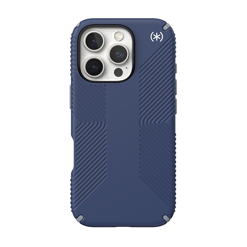 Speck Presidio2 Grip – dėklas, skirtas „iPhone 16 Pro“ (pakrantės mėlyna / dulkėta pilka / balta)