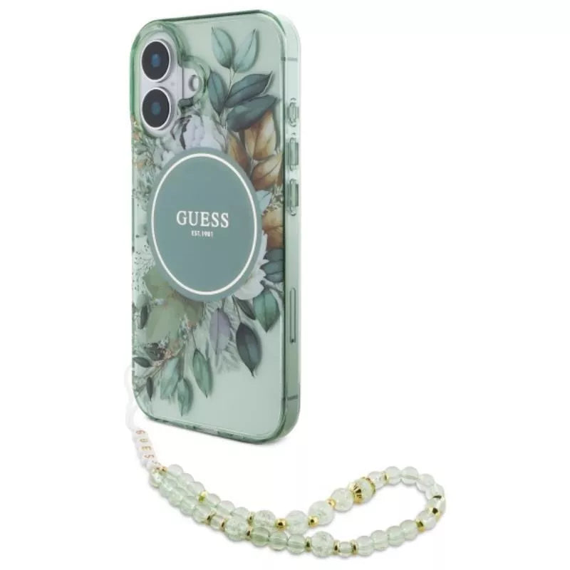 Guess IML Flowers su perline apyranke MagSafe – dėklas iPhone 16 Plus (Žalias)