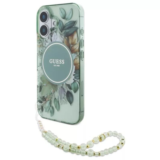 Guess IML Flowers su perline apyranke MagSafe – dėklas iPhone 16 Plus (Žalias)