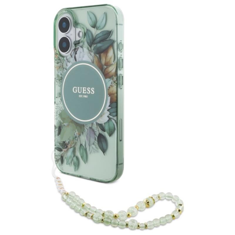 Guess IML Flowers su perline apyranke MagSafe – dėklas iPhone 16 Plus (Žalias)