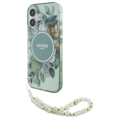 Guess IML Flowers su perline apyranke MagSafe – dėklas iPhone 16 Plus (Žalias)