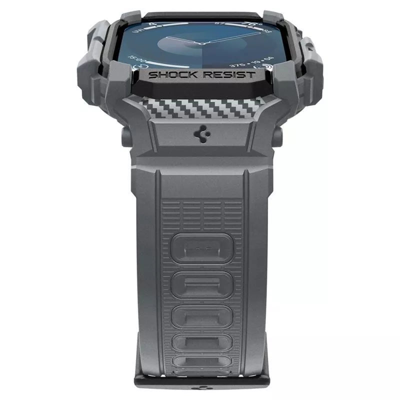 Spigen Rugged Armor Pro – dirželis su dėklu, skirtas „Apple Watch 10“ 46 mm (tamsiai pilka)