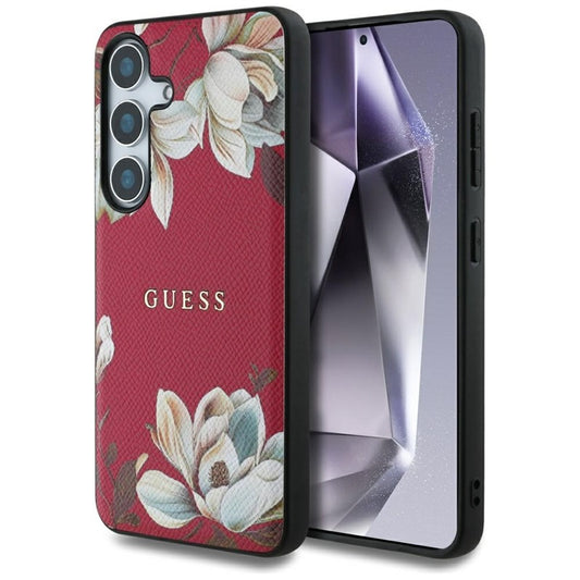 Guess Grained Printed Flower Pattern MagSafe – Dėklas, skirtas Samsung Galaxy S25 (fuksijos spalvos)