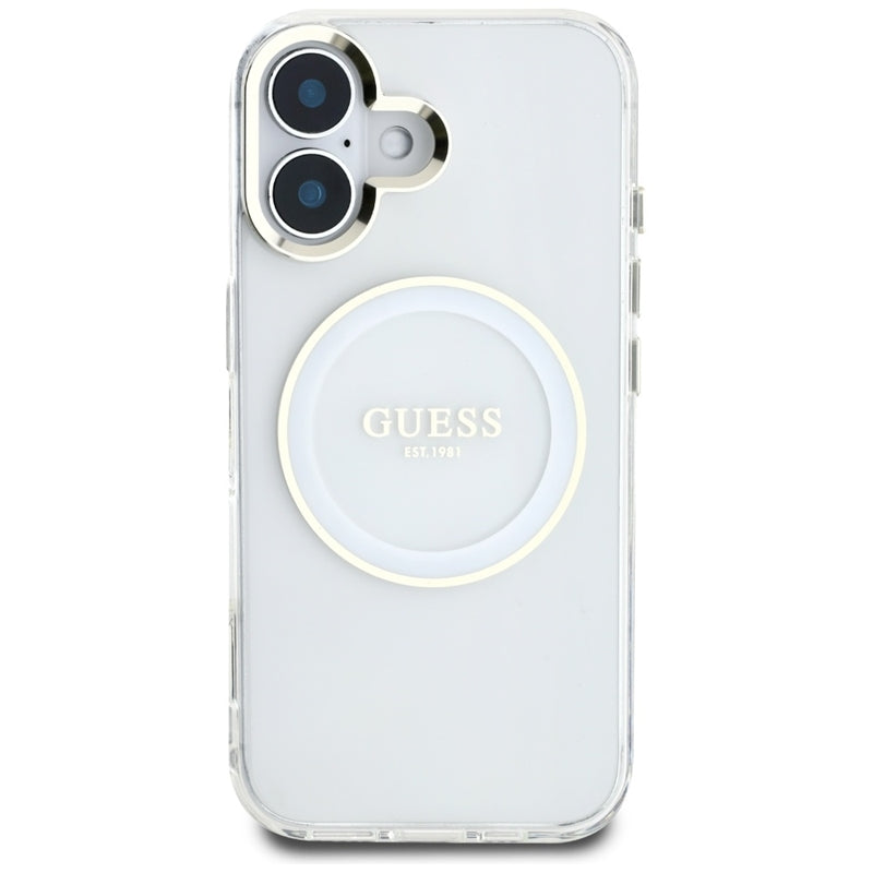 Guess IML Metal Colored Circle Classic Logo MagSafe – dėklas, skirtas „iPhone 16“ (baltas)