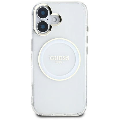 Guess IML Metal Colored Circle Classic Logo MagSafe – dėklas, skirtas „iPhone 16“ (baltas)