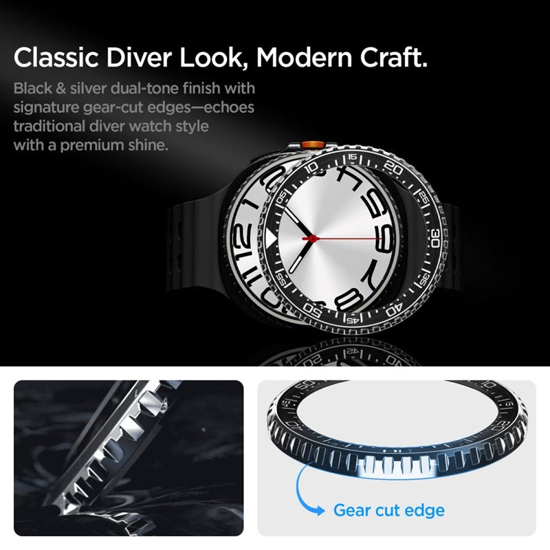 Spigen Bezel Tune Pro Diver - Dėklas / Apsauginis rėmelis, skirtas Samsung Galaxy Watch 8 Classic 46 mm (Sidabrinis)