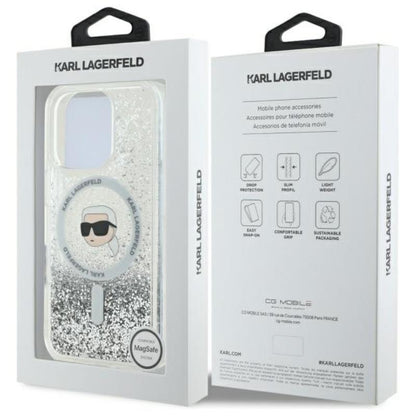 Karl Lagerfeld Liquid Glitter Karl Head MagSafe – dėklas, skirtas iPhone 16 Pro (skaidrus)
