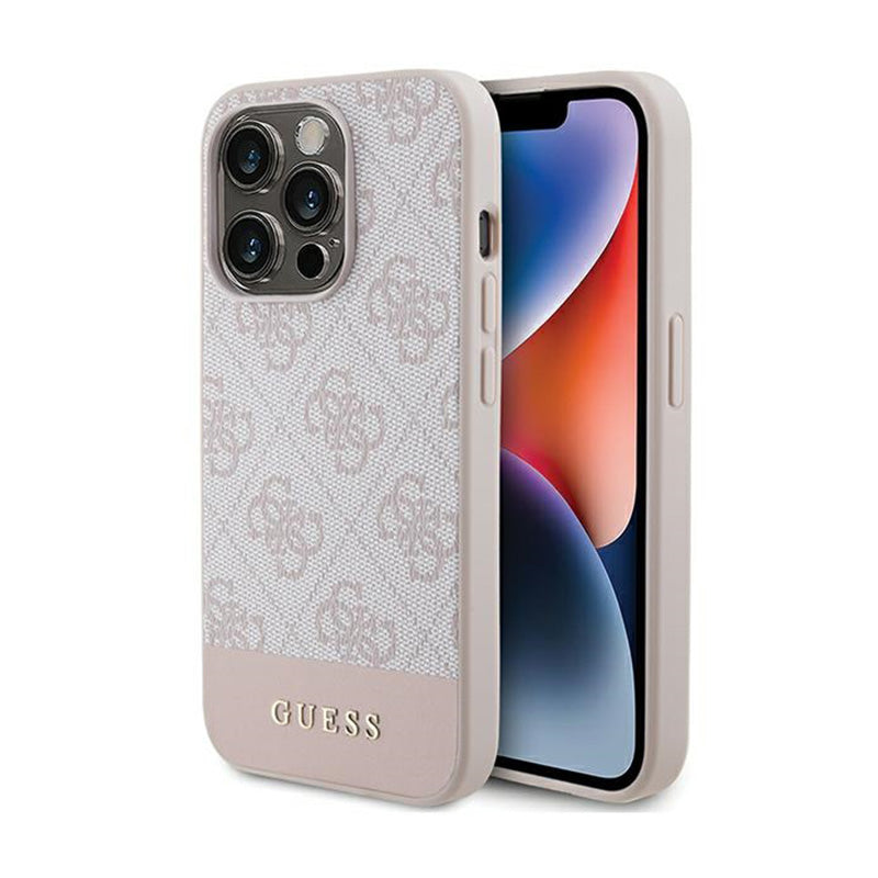 Guess 4G Bottom Stripe Metal Logo Collection - Dėklas, skirtas iPhone 15 Pro (rožinis)