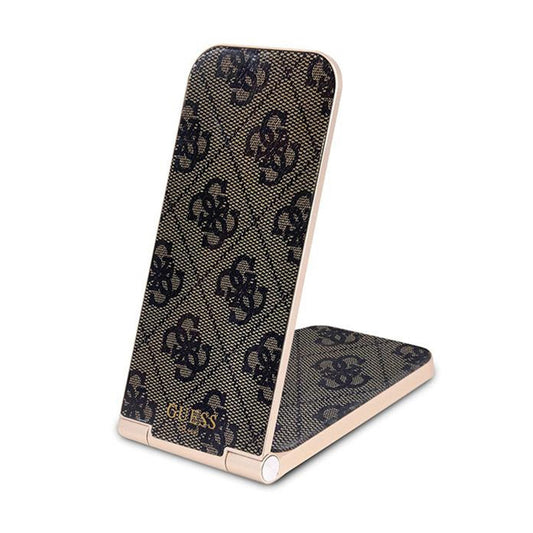 Guess 4G Pattern MagSafe - Sulankstomas „du viename“ indukcinis įkroviklis su „MagSafe“, skirtas „iPhone“ ir „AirPods“, 15 W (rudas)