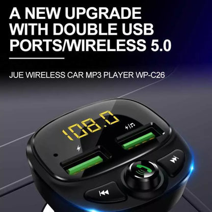 WEKOME WP-C26 - Bluetooth / MicroSD / 2x USB-A FM siųstuvas + 17W automobilinis įkroviklis (juodas)