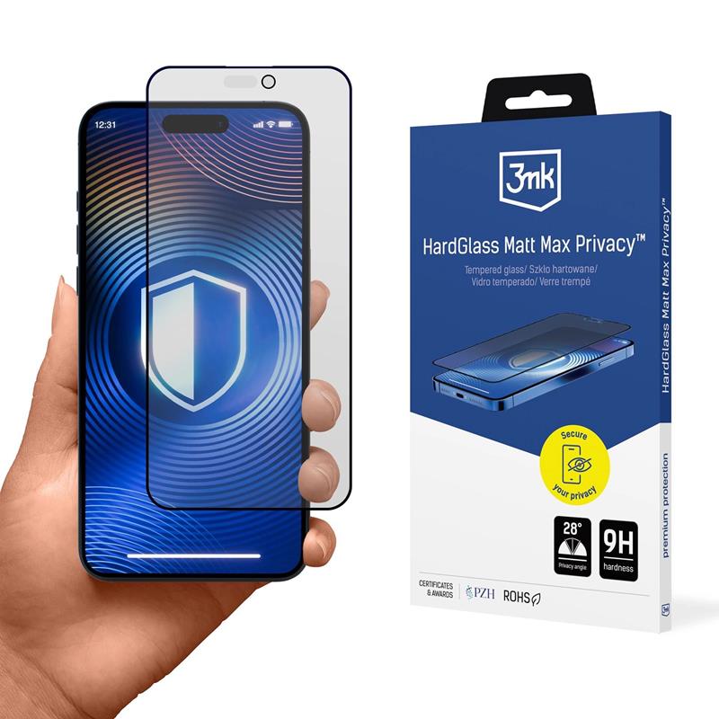 3mk HardGlass Matt Max Privacy – matinio grūdinto stiklo apsauga su privatumo filtru, skirta iPhone 16 / iPhone 15
