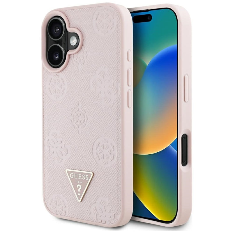 Guess Grained Hot Stamp Peony Triangle Logo MagSafe - „iPhone 16“ dėklas (rožinis)