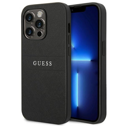 Guess Saffiano Metal Logo Stripes – dėklas skirtas iPhone 14 Pro (juodas)