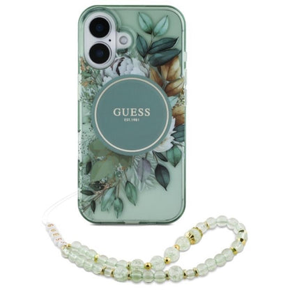 Guess IML Flowers su perline apyranke MagSafe – dėklas iPhone 16 Plus (Žalias)