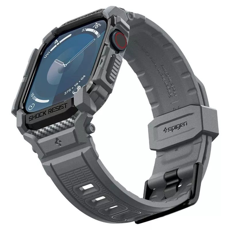 Spigen Rugged Armor Pro – dirželis su dėklu, skirtas „Apple Watch 10“ 46 mm (tamsiai pilka)