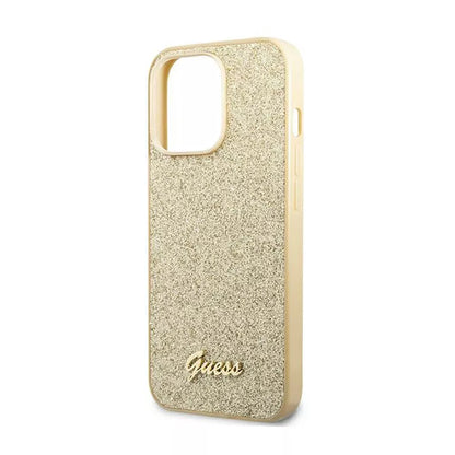 Guess Glitter Flakes Metal Logo dėklas – dėklas skirtas iPhone 14 Pro Max (aukso spalvos)