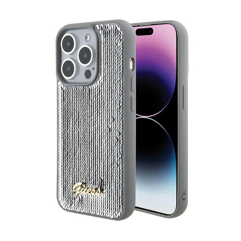Guess Sequin Script Metal – dėklas, skirtas „iPhone 15 Pro Max“ (sidabro spalvos)