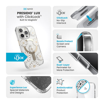 Speck Presidio Lux ClickLock ir MagSafe – Dėklas iPhone 16 Pro (Sunshine Daisies / Skaidrus / Auksas)