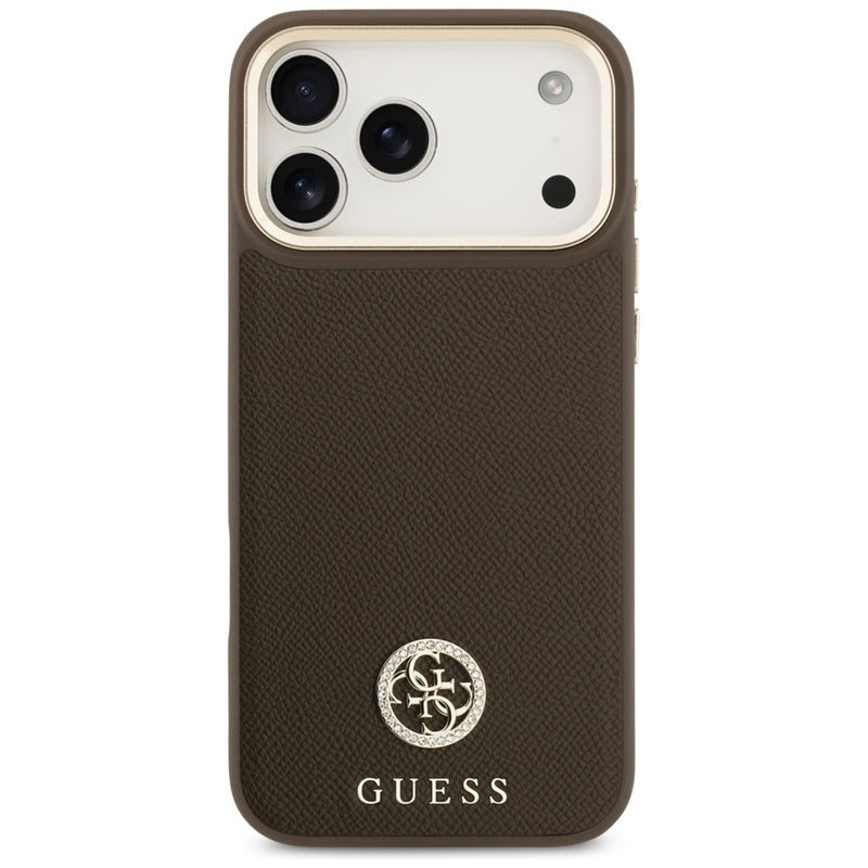 Guess Grūdėtas Cirkonio Logotipas MagSafe dėklas iPhone 17 Pro Max (rudas)