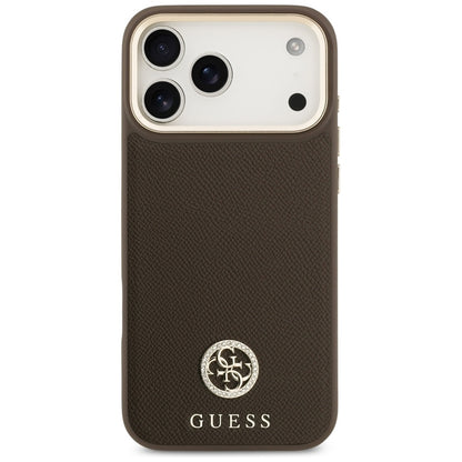 Guess Grūdėtas Cirkonio Logotipas MagSafe dėklas iPhone 17 Pro Max (rudas)